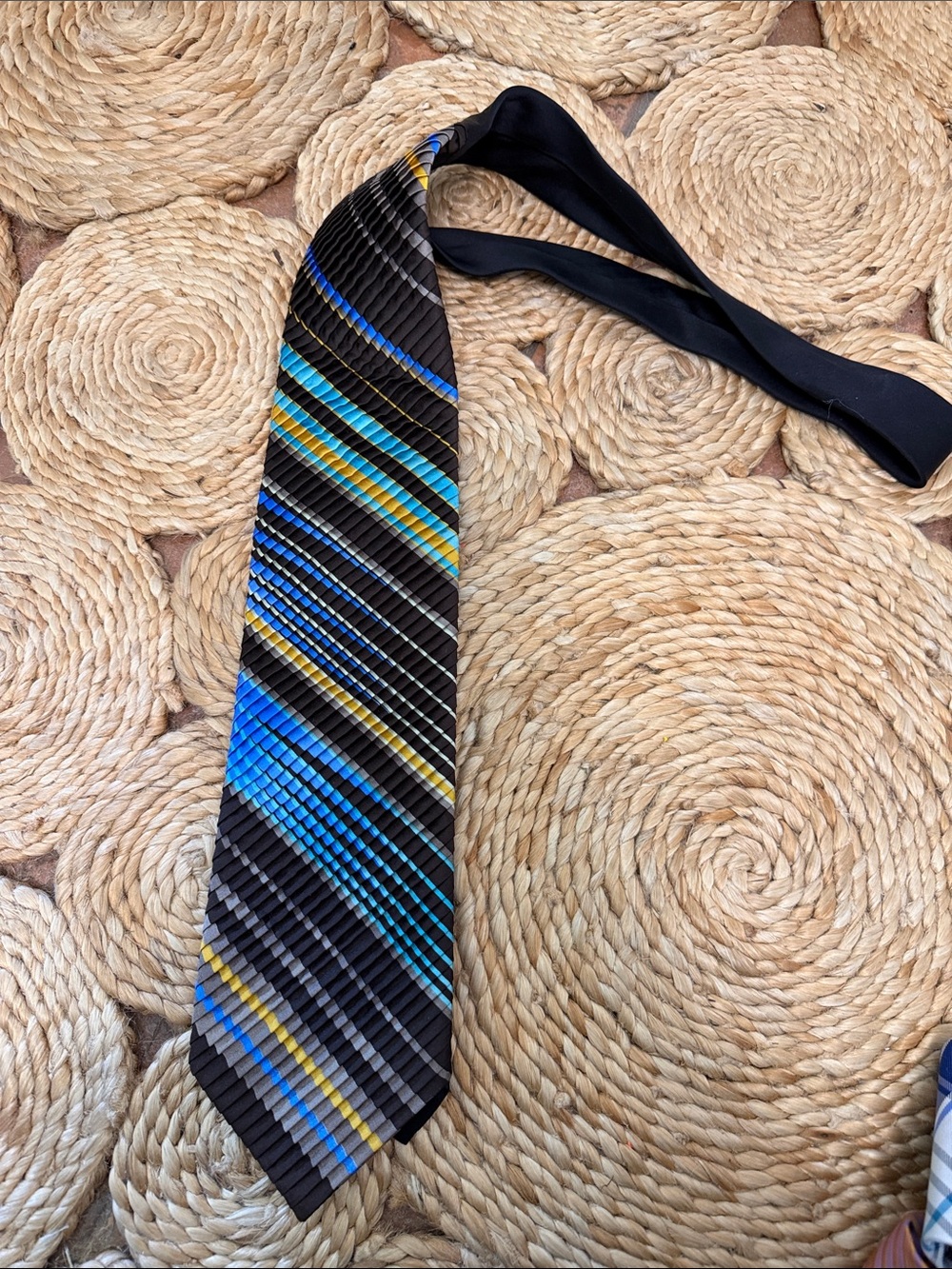 Men's Pleated Blue and Black Striped Tie - Classic Formal Accessory